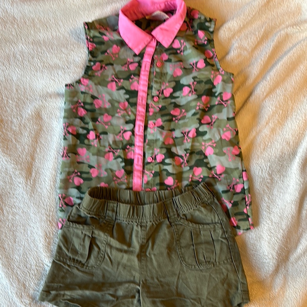 Pink & Green Sheer Floral Button Down Shirt & Olive Green Gymboree Shorts (set)